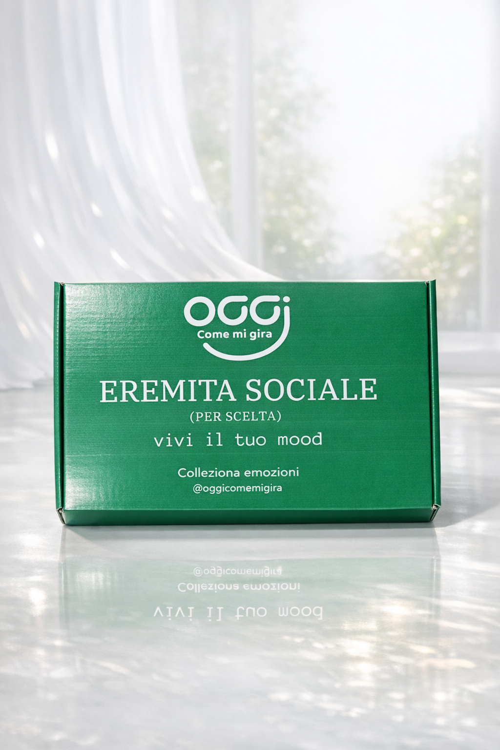 Packaging scatola Mood Box Eremita Sociale con logo OggiComeMiGira - Box regalo originale
