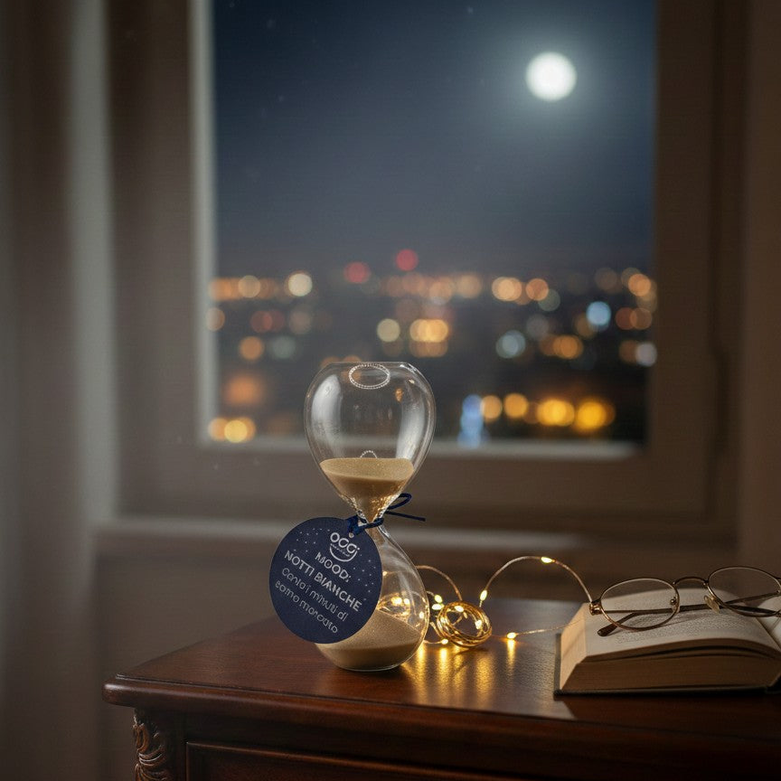 Clessidra in vetro 3 minuti tag ironico conto i minuti di sonno mancato, contenuto nella box Mood Notti Bianche OggiComeMiGira.