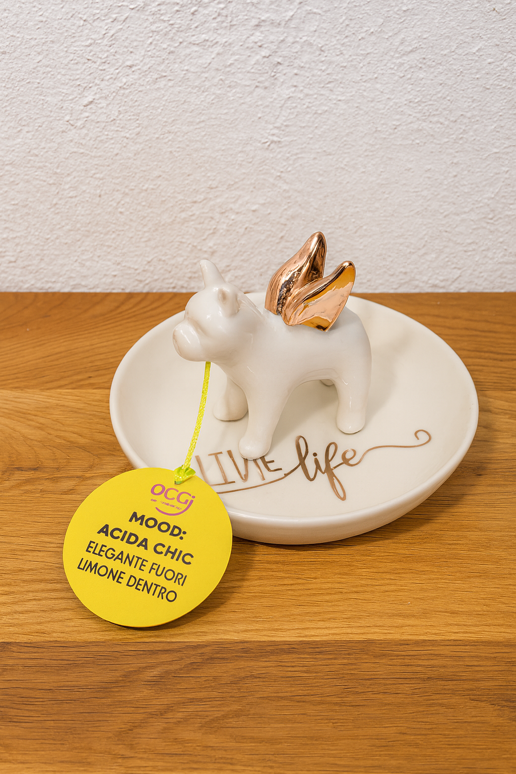 Portagioie bulldog in ceramica all'interno della box regalo Mood Acida Chic OggiComeMiGira
