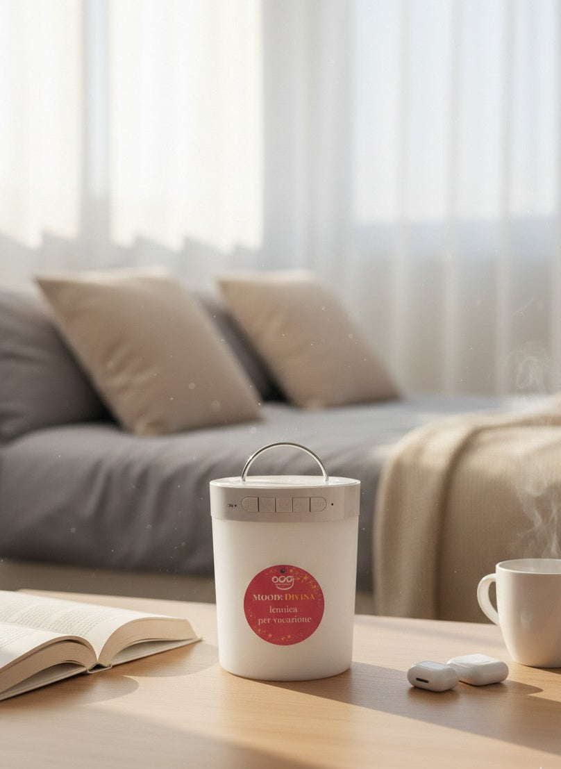 Speaker bluetooth bianco con luce integrata e manico metallico, etichetta rosa Mood Divina: Iconica per vocazione