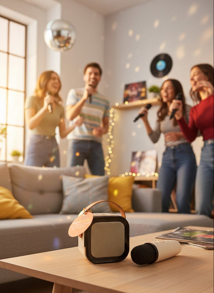 Regallo originale mini speaker bluetooth beige con manico in pelle, microfono e tag Volume al massimo, vicini in panico Mood Box OggiComeMiGira