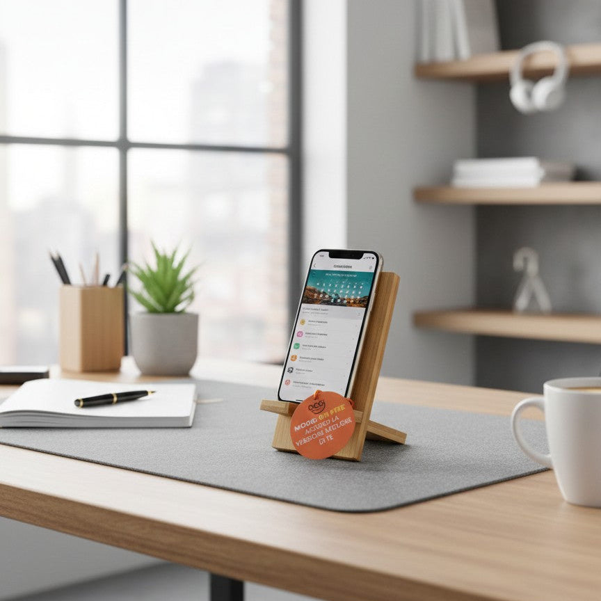 Supporto per smartphone in legno naturale con tag Accendi la versione migliore di te Mood Box regalo ironico Oggicomemigira