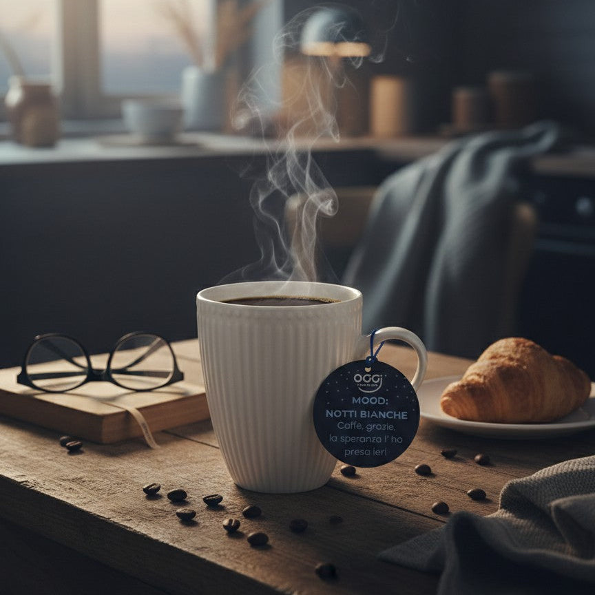 Tazza in ceramica bianca con scanalature, tag Caffè, grazie, la speranza l'ho presa ieri. Mood Box Notti Bianche OggiComeMiGira