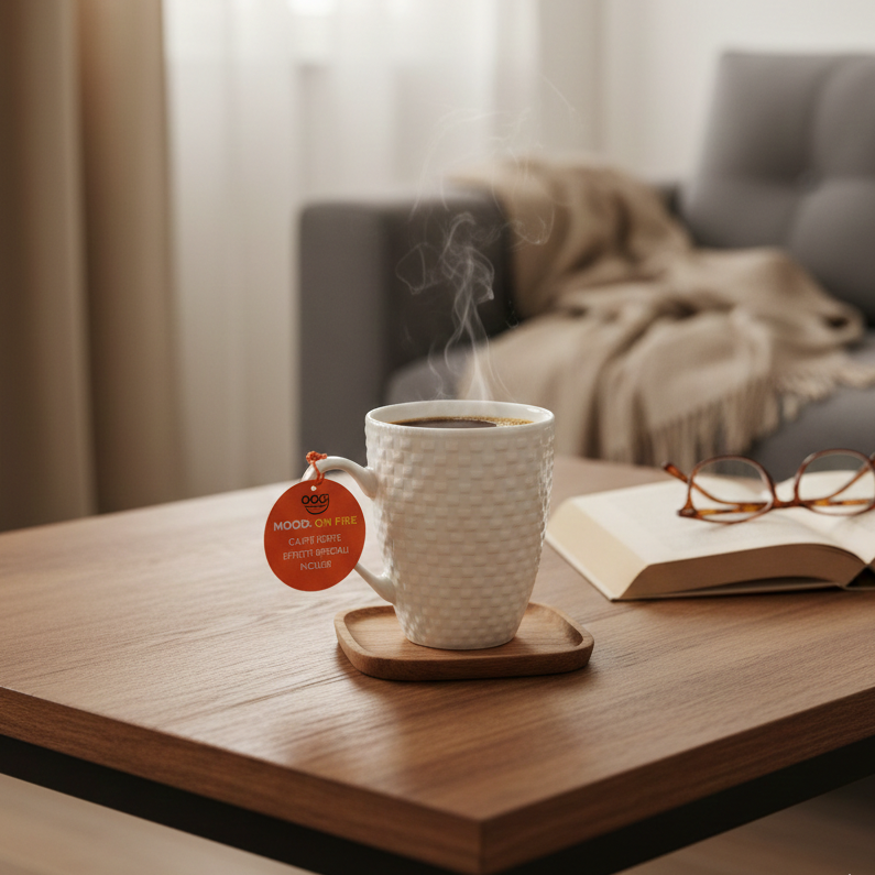 La mug bianca con texture geometrica a rilievo è il gadget essenziale per chi cerca "effetti speciali" fin dal mattino. Mood Box On Fire, OggiComeMiGira.