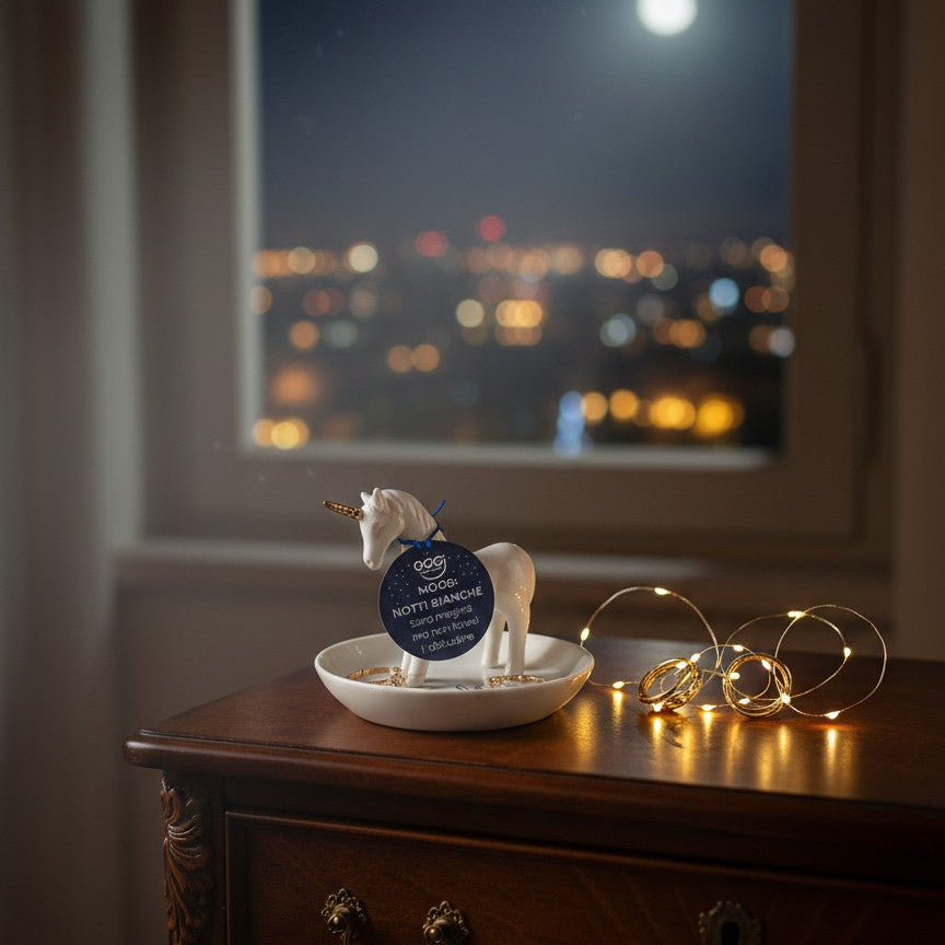 Portagioie unicorno in ceramica con tag mood Notti Creative OggiComeMiGira regalo originale