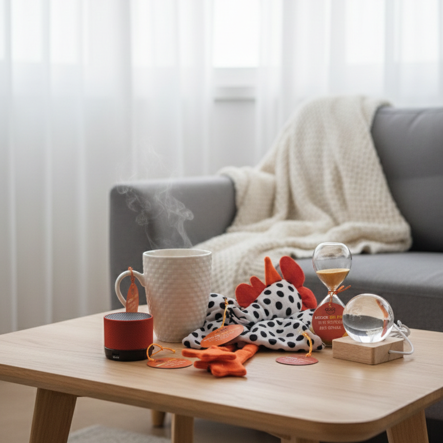 Set tazza texture a rilievo, mini cassa rossa, clessidra e accessori colorati della linea Mood: On Fire, OggiComeMiGira