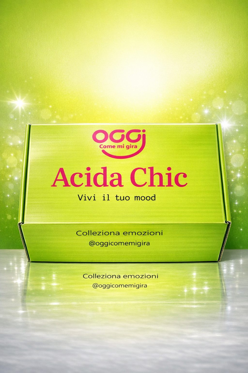 Packaging scatola Mood Box Acida Chic con logo OggiComeMiGira - Box regalo originale