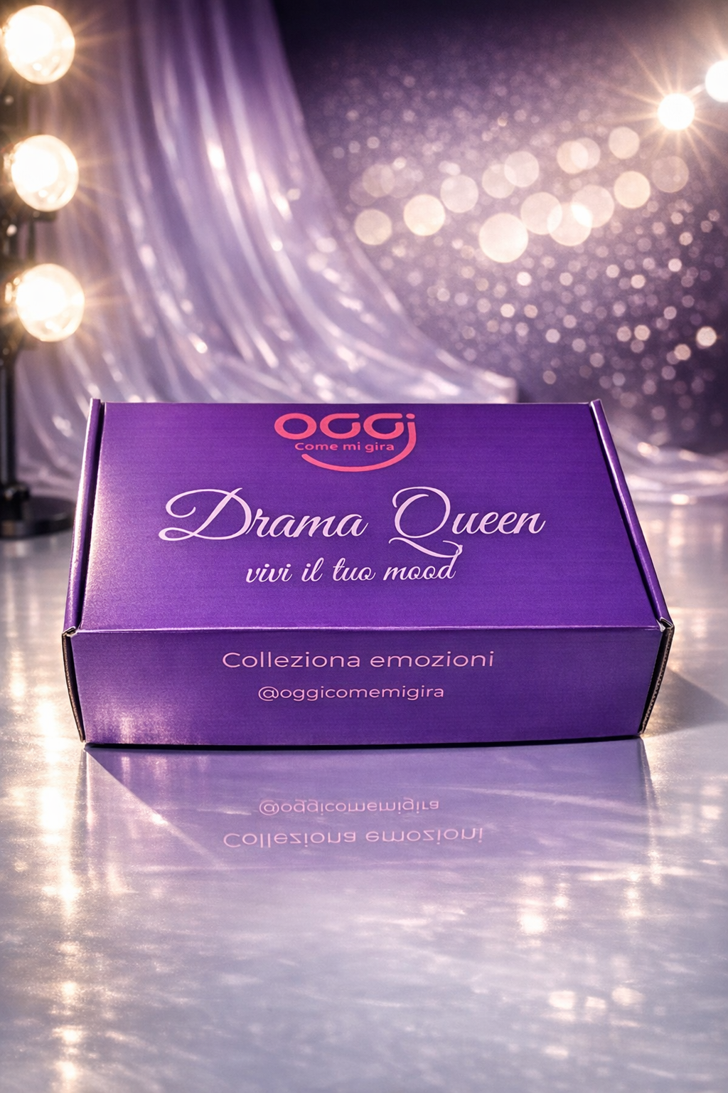 Packaging scatola Mood Box Drama Queen con logo OggiComeMiGira - Box regalo originale