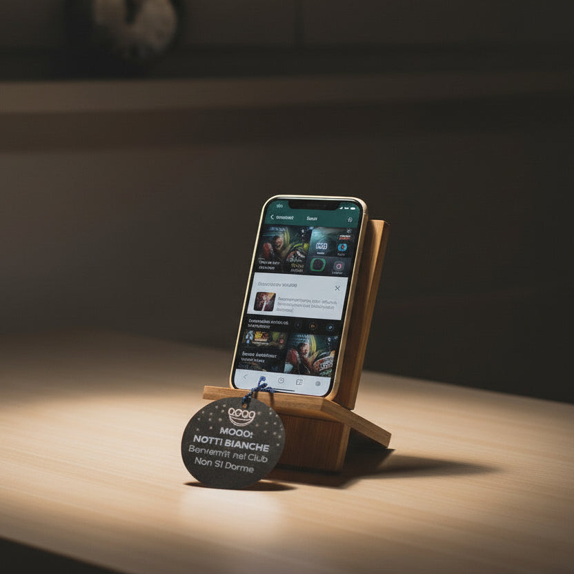 Supporto smartphone in legno naturale, tag ironico benvenuti  nel club non si dorme. Oggetto incluso nella  Mood Box Notti Bianche OggiComeMiGira