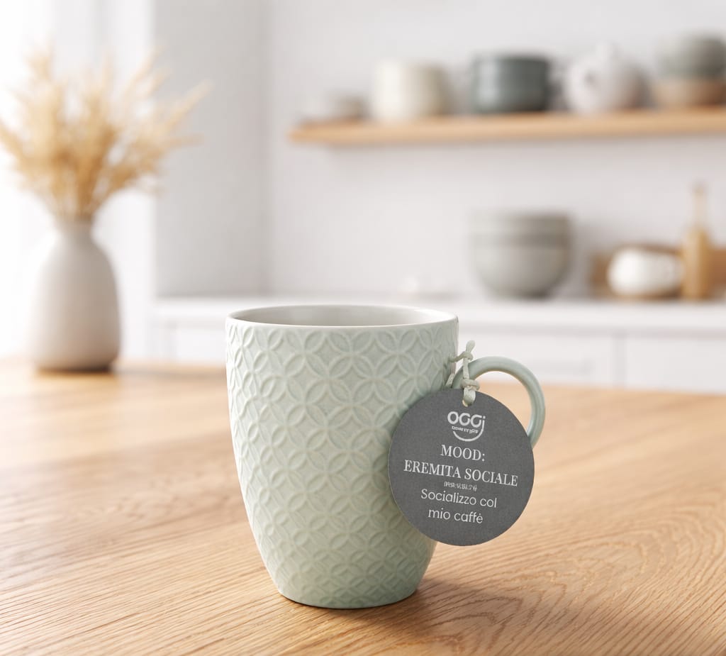 Tazza in ceramica bianca con trama a rilievo geometrica, gadget incluso nella box regalo Eremita Sociale di OggiComeMiGira.